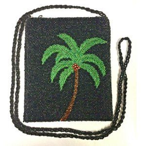 Black Glass Beaded Crossbody Purse with Palm Tree Design